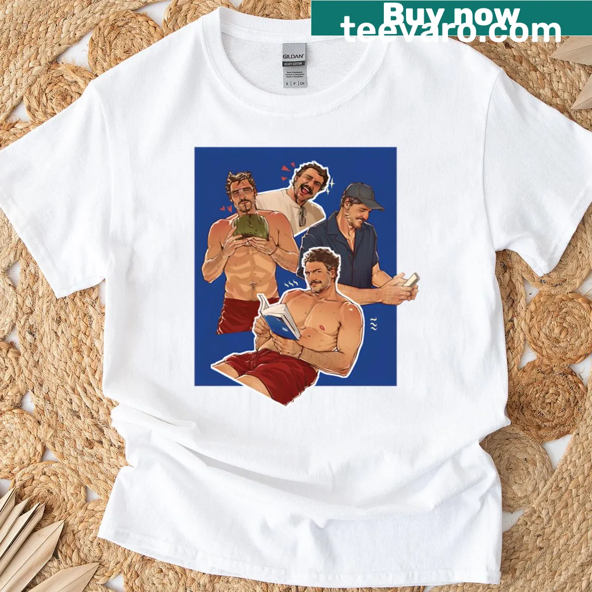 Collage of Pedro Pascal's characters illustrated on a t-shirt — on a men's t-shirt