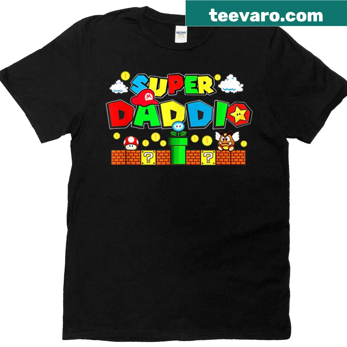 Funny T-shirt for dads with Super Daddio gaming slogan — on a men's t-shirt