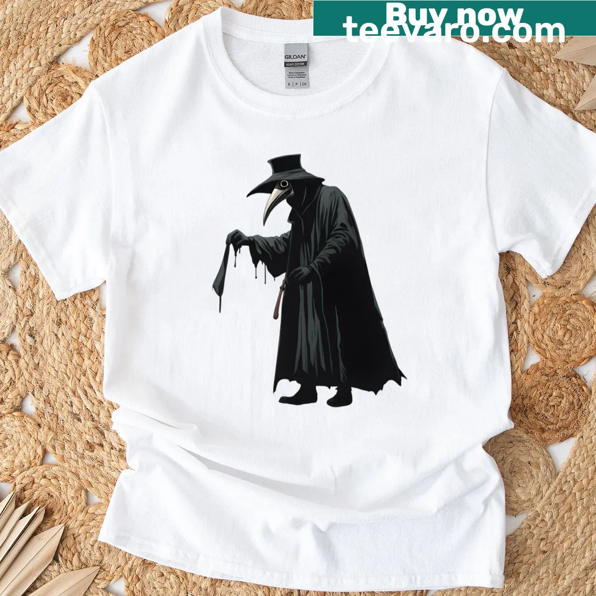 Spooky illustration t-shirt featuring a Plague Doctor figure — on a men's t-shirt