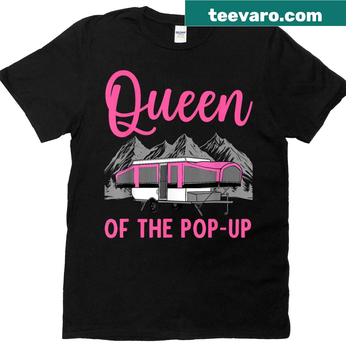 T-shirt with pop-up camper illustration celebrating camping lifestyle — on a men's t-shirt