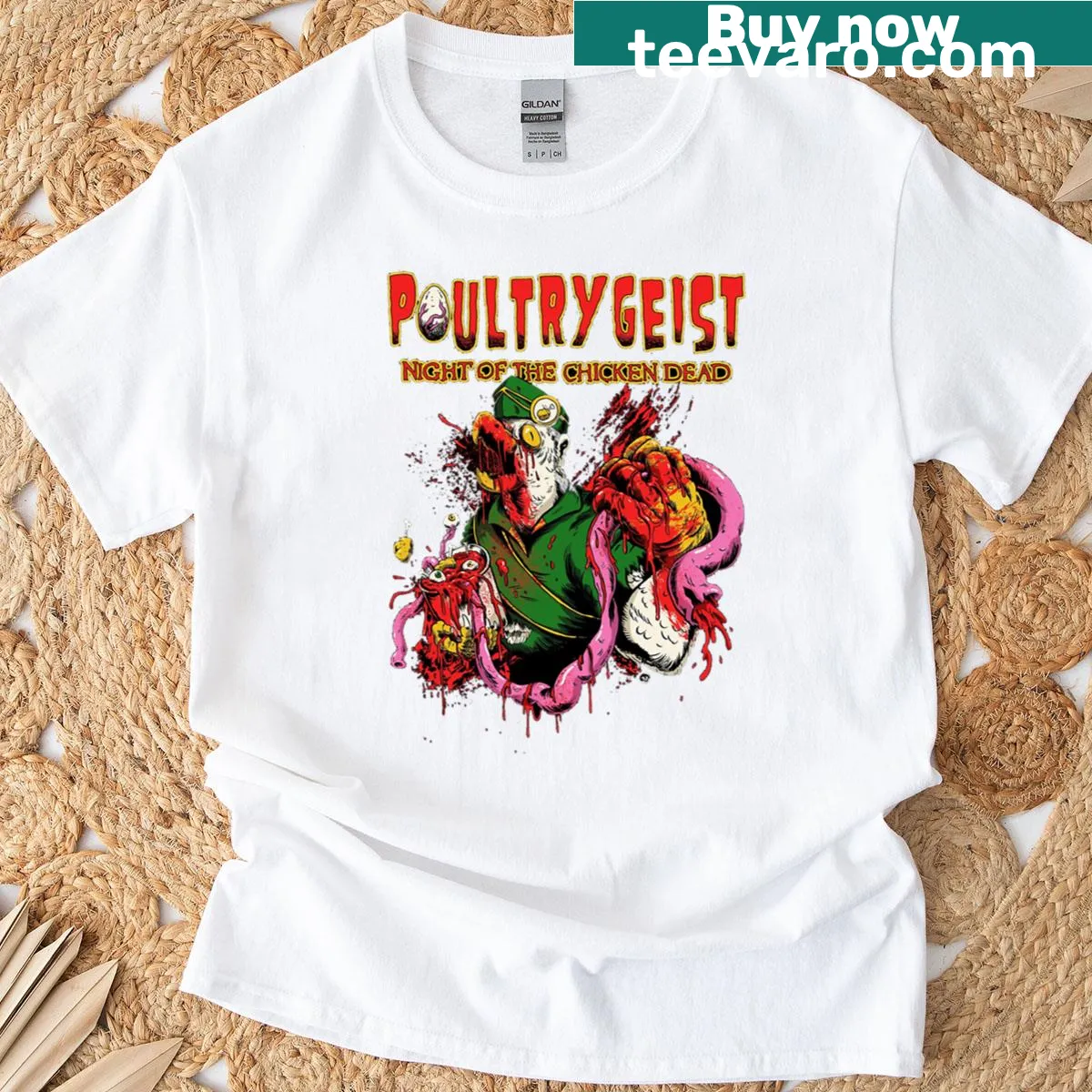 Humorous Poultrygeist movie illustration on a t-shirt — on a men's t-shirt