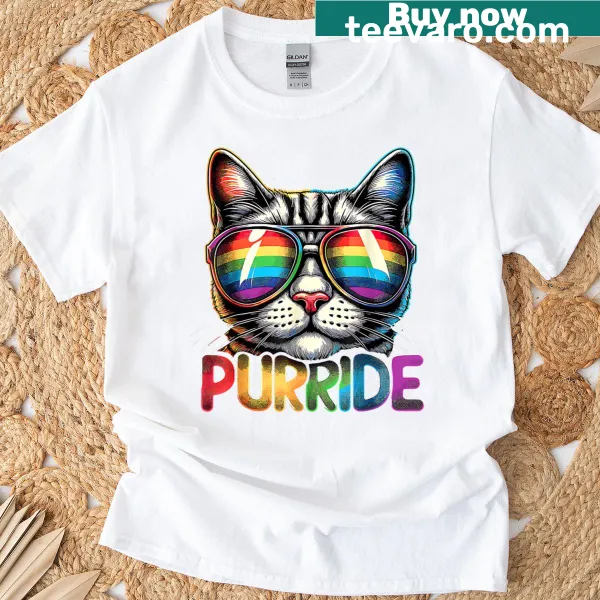 Colorful cat illustration on a rainbow-themed pride T-shirt