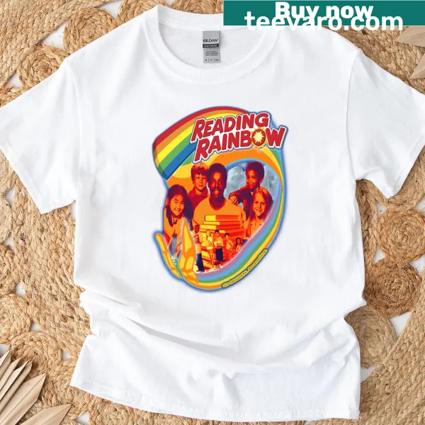 Whimsical Reading Rainbow T-shirt with hand-lettered design