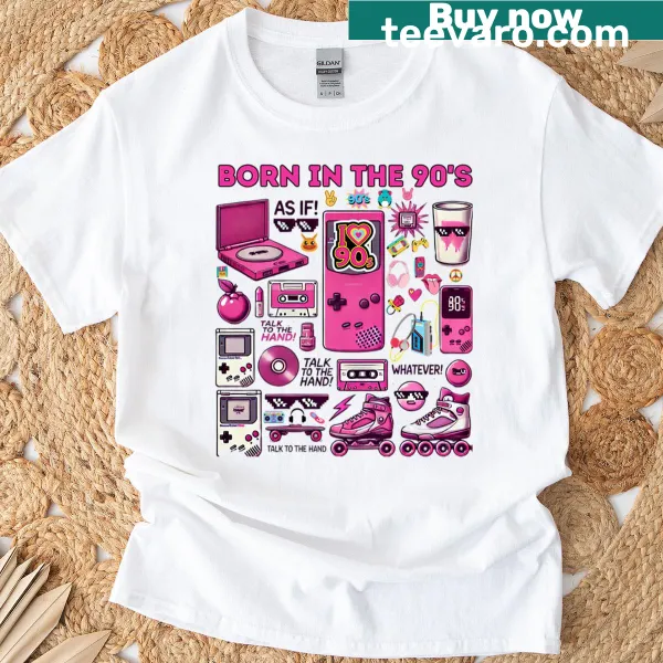 Oversized t-shirt with retro 90s collage of cassette and boombox designs.
