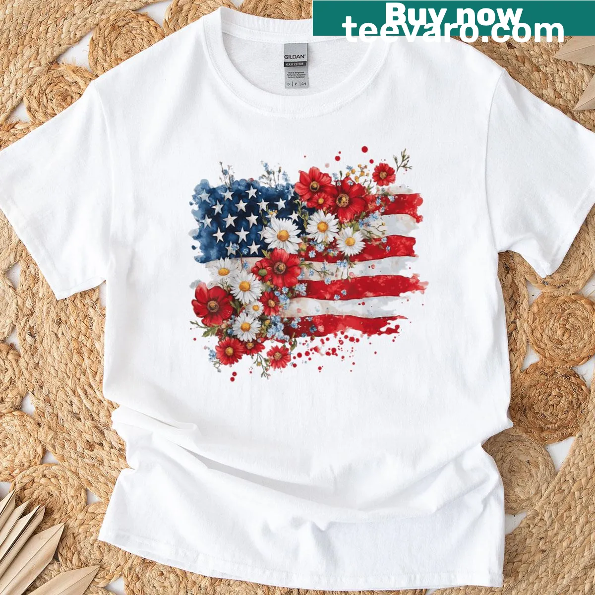 Patriotic T-shirt with daisy flower and American flag design — on a men's t-shirt