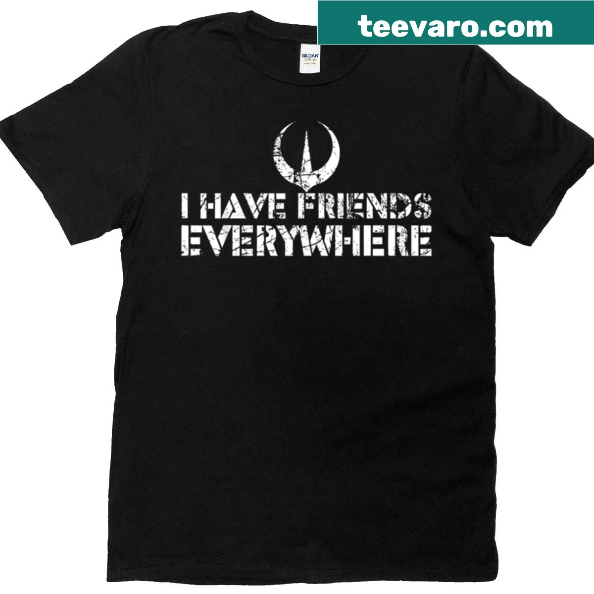 Minimalist vintage t-shirt with 'I Have Friends Everywhere' graphic — on a men's t-shirt
