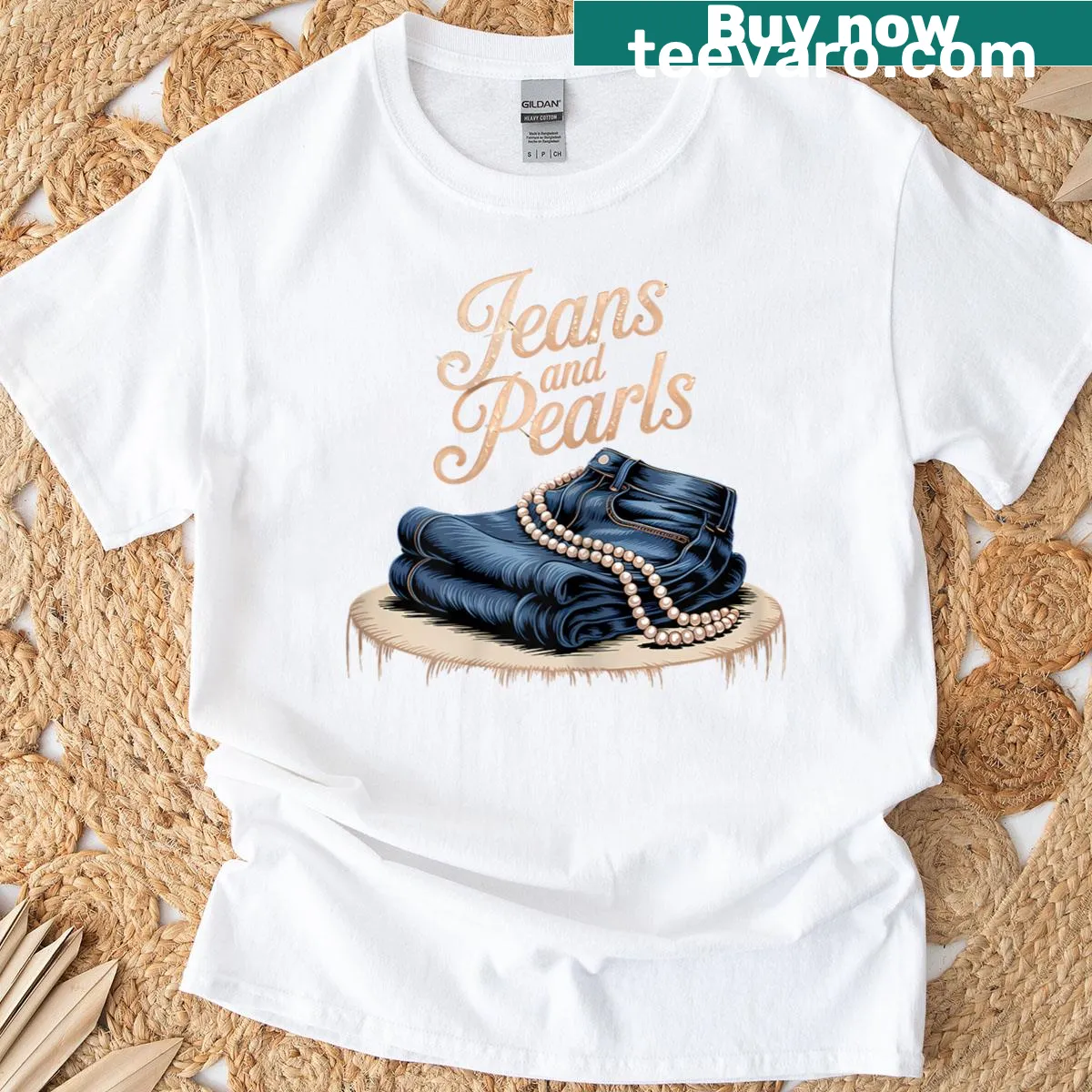 Vintage-style tee showcasing a graphic of jeans and pearls — on a men's t-shirt