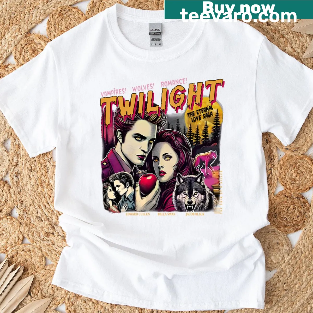 Illustrated fan art t-shirt featuring Robert Pattinson from the Twilight Saga — on a men's t-shirt