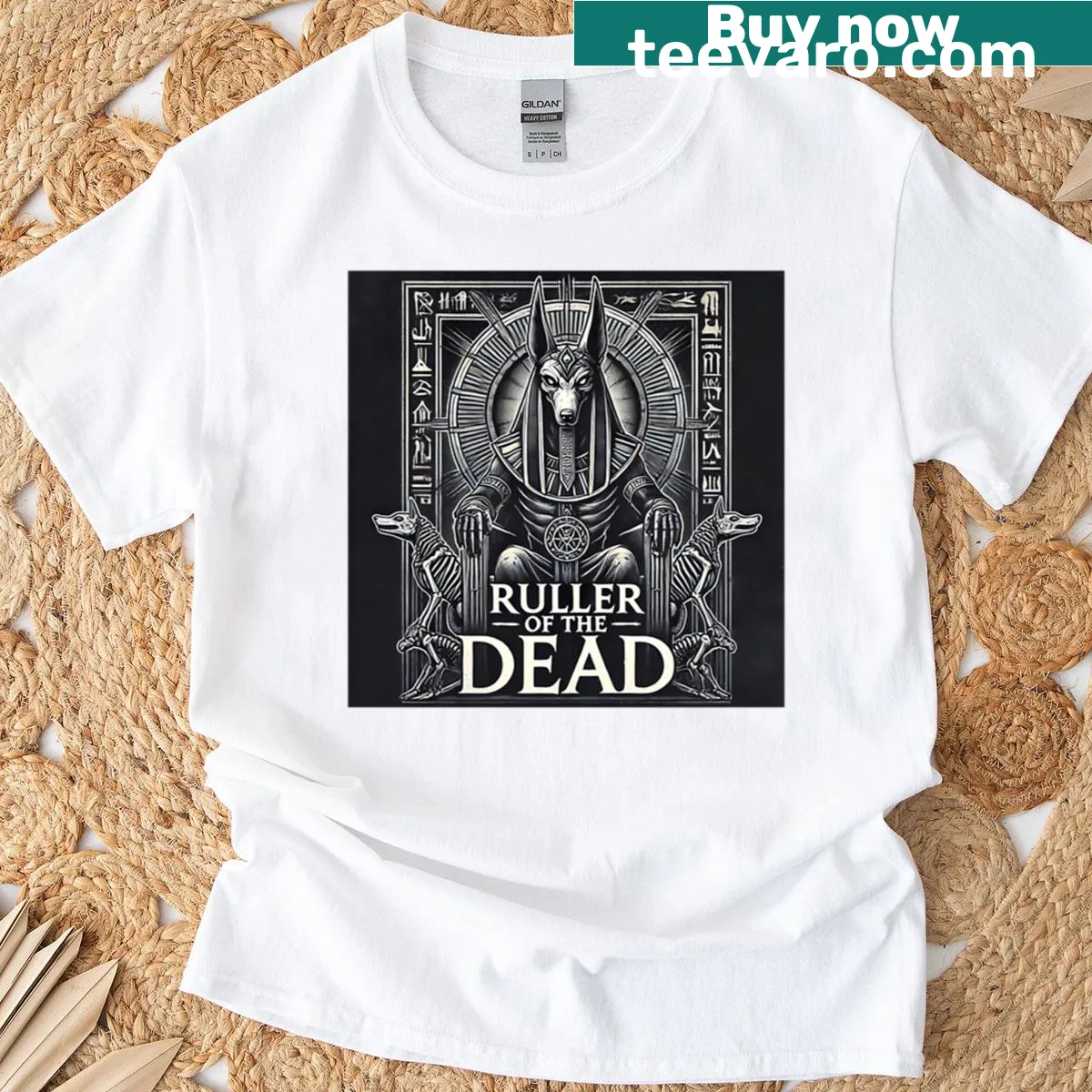 Illustrated Anubis t-shirt featuring throne made of bones — on a men's t-shirt