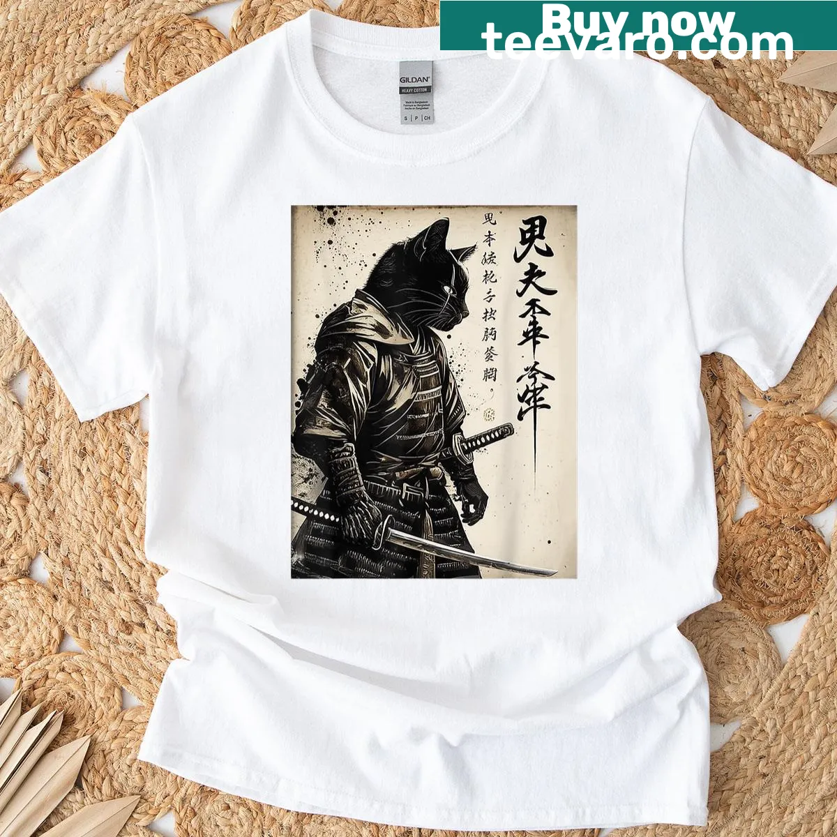 Ukiyo-e ink artwork of a cat in samurai armor — on a men's t-shirt