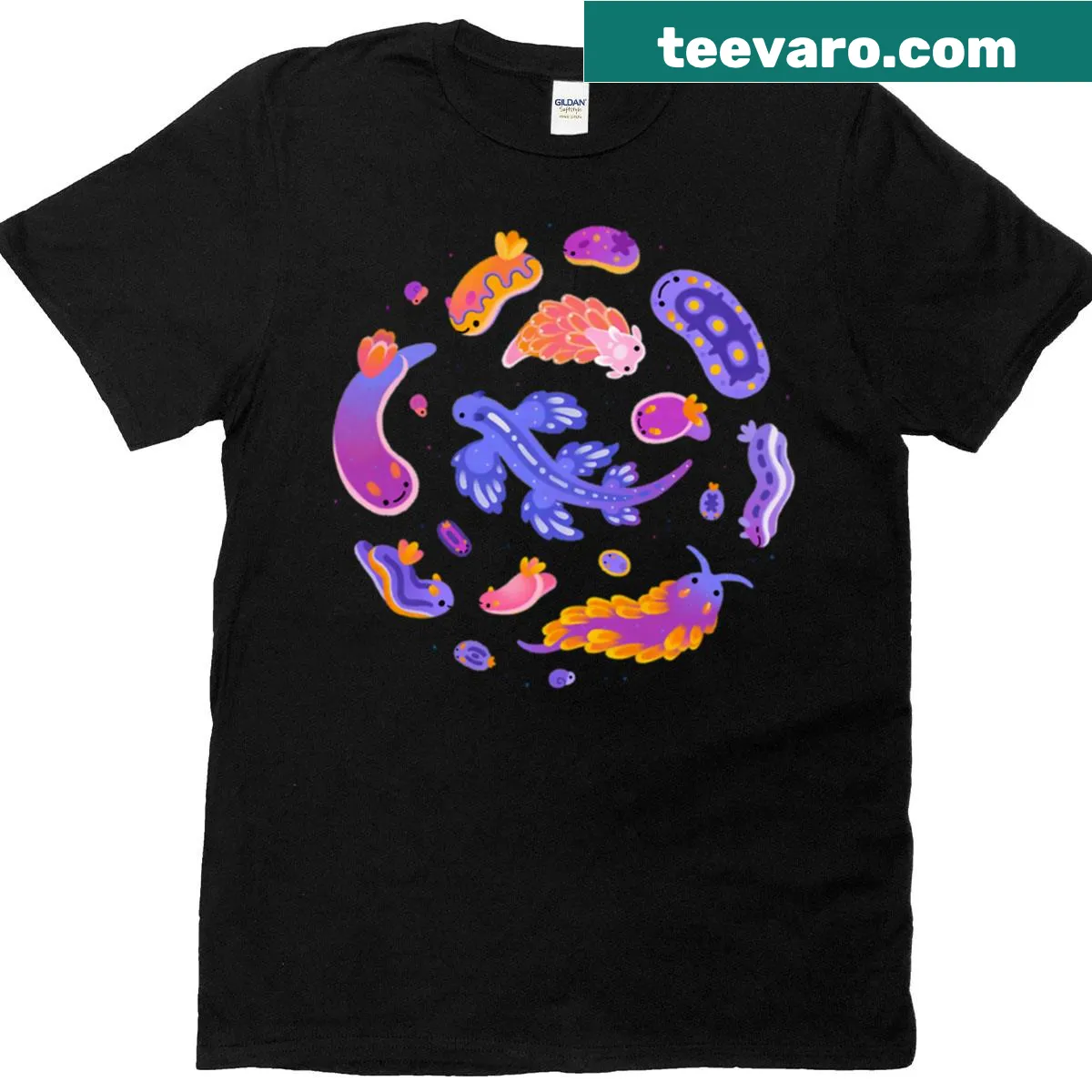 Illustration of a sea slug on a whimsical T-shirt design — on a men's t-shirt