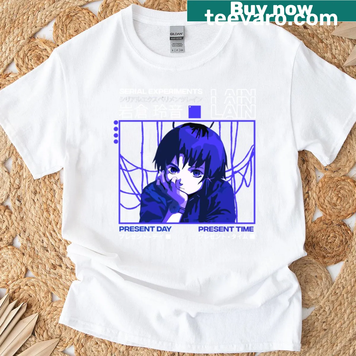 Illustrative T-shirt inspired by Serial Experiments Lain with dark designs — on a men's t-shirt