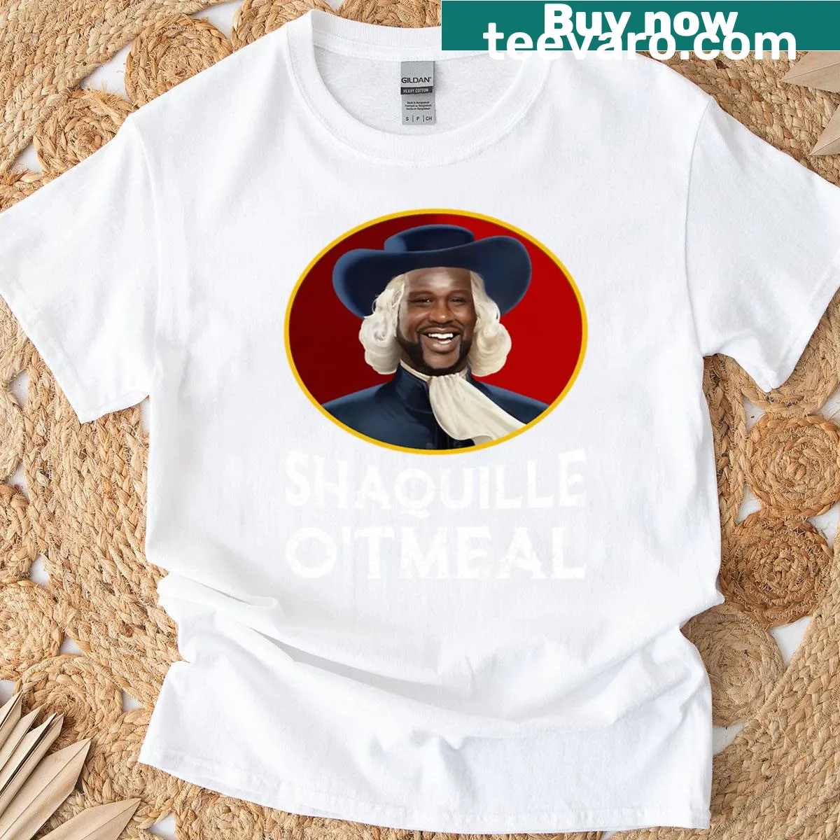 Funny T-shirt with Shaquille Oatmeal pun printed boldly — on a men's t-shirt