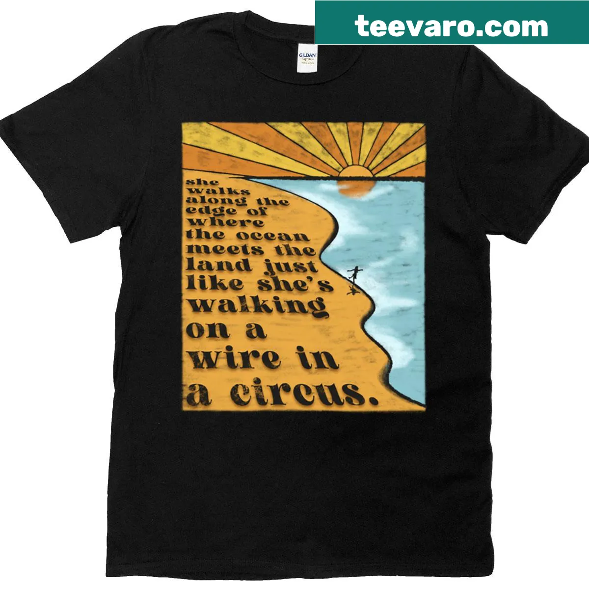 Illustrative design of a person walking along an edge on a T-shirt — on a men's t-shirt