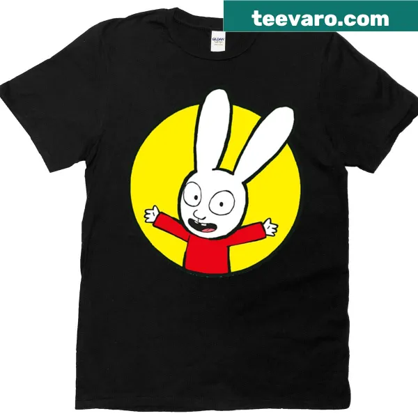 Cute cartoon rabbit named Simon on a playful t-shirt.