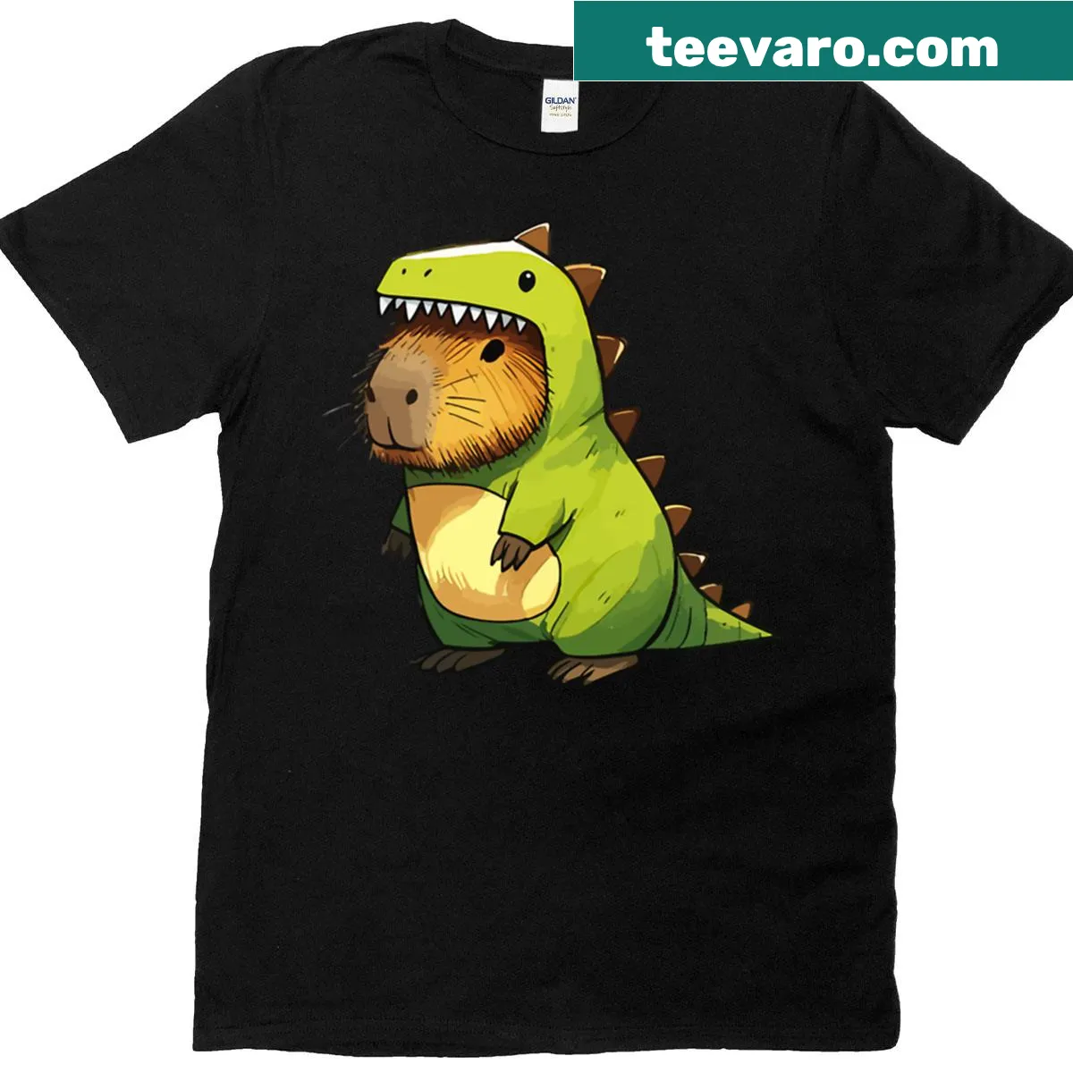 Sketchy capybara in dinosaur costume t-shirt — on a men's t-shirt