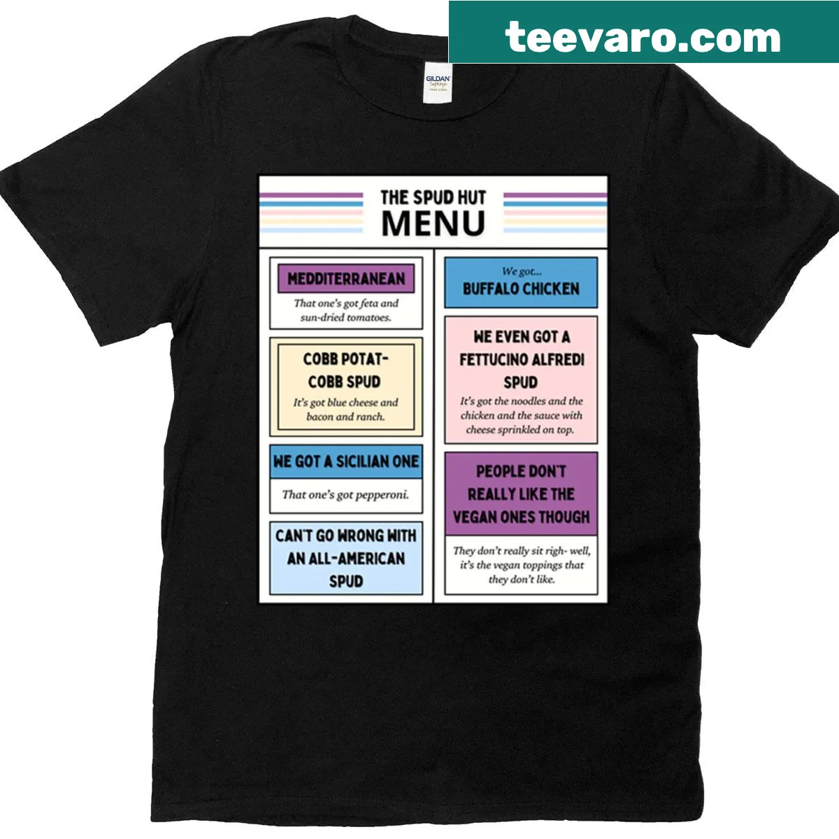 Cartoon-style t-shirt featuring Smosh Games The Spud Hut Menu — on a men's t-shirt
