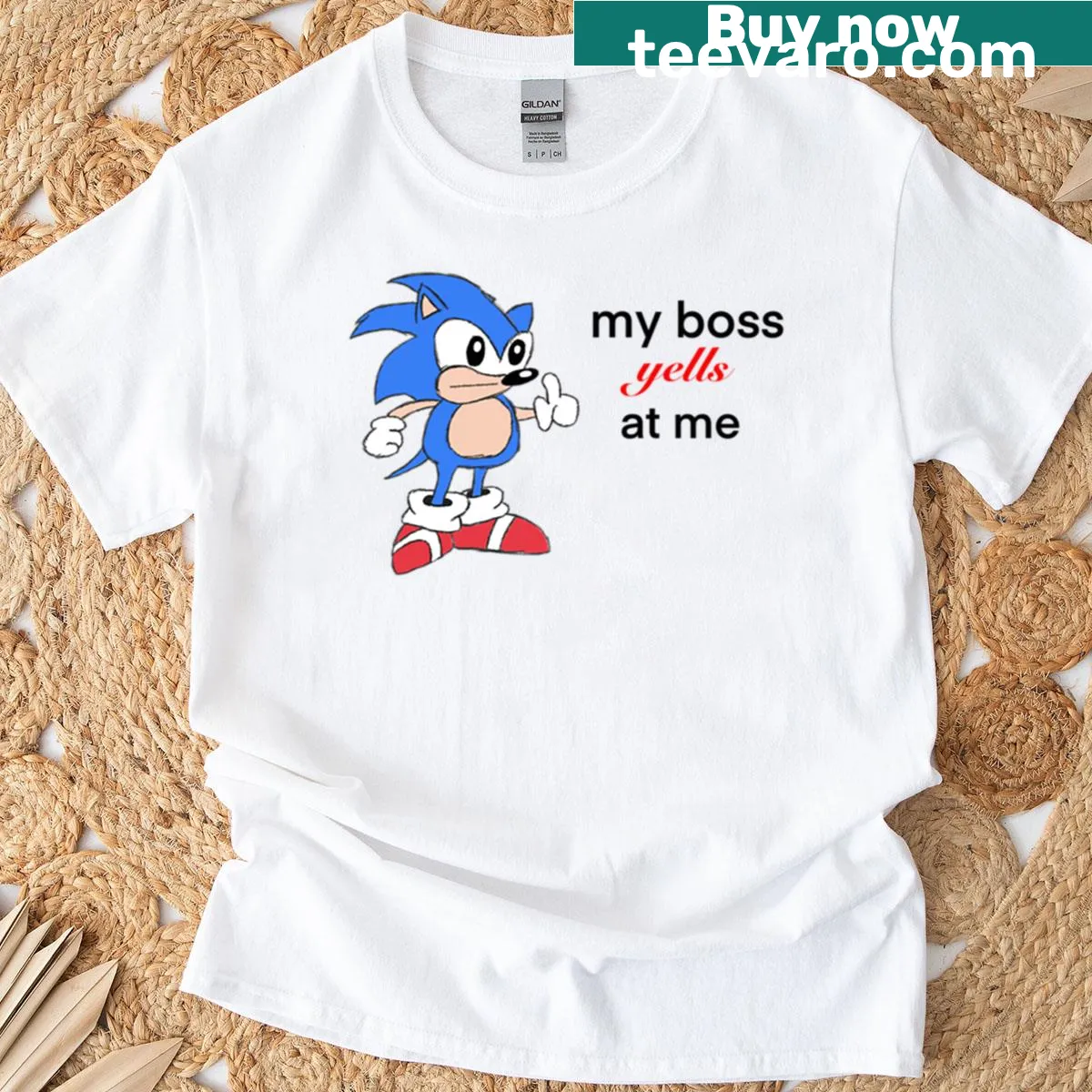 Illustrative T-shirt featuring Sonic the Hedgehog with capitalism themes — on a men's t-shirt