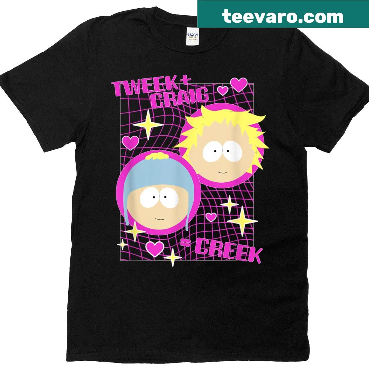 Cartoon portraits of Tweek and Craig from South Park on T-shirt — on a men's t-shirt