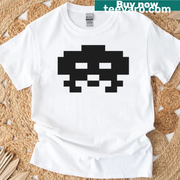 Retro Space Invaders graphic t-shirt with pixelated aliens