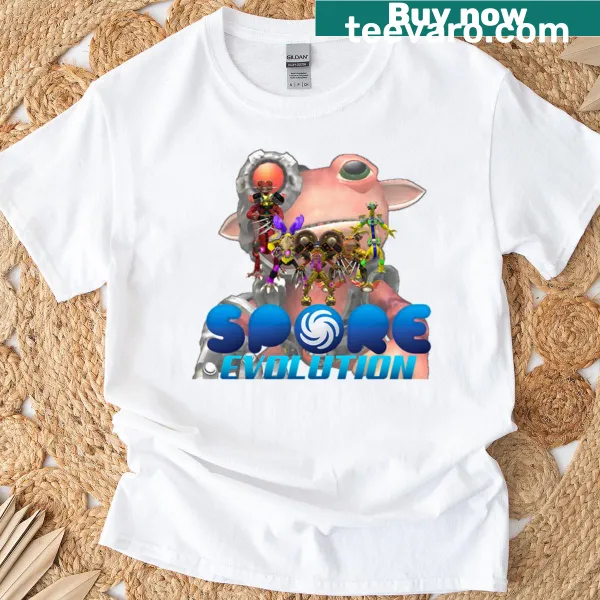 Playful Spore Evolution graphic t-shirt featuring various creatures