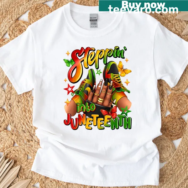 Illustrative t-shirt celebrating Juneteenth with shoes and nails design.