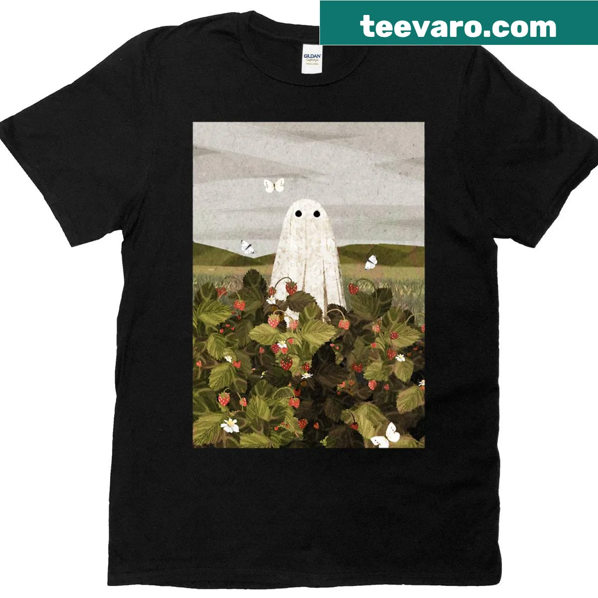 Illustration of strawberry fields on a T-shirt — on a men's t-shirt