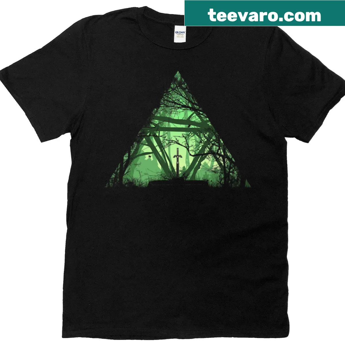 Illustrated sword in a forest design on a t-shirt — on a men's t-shirt