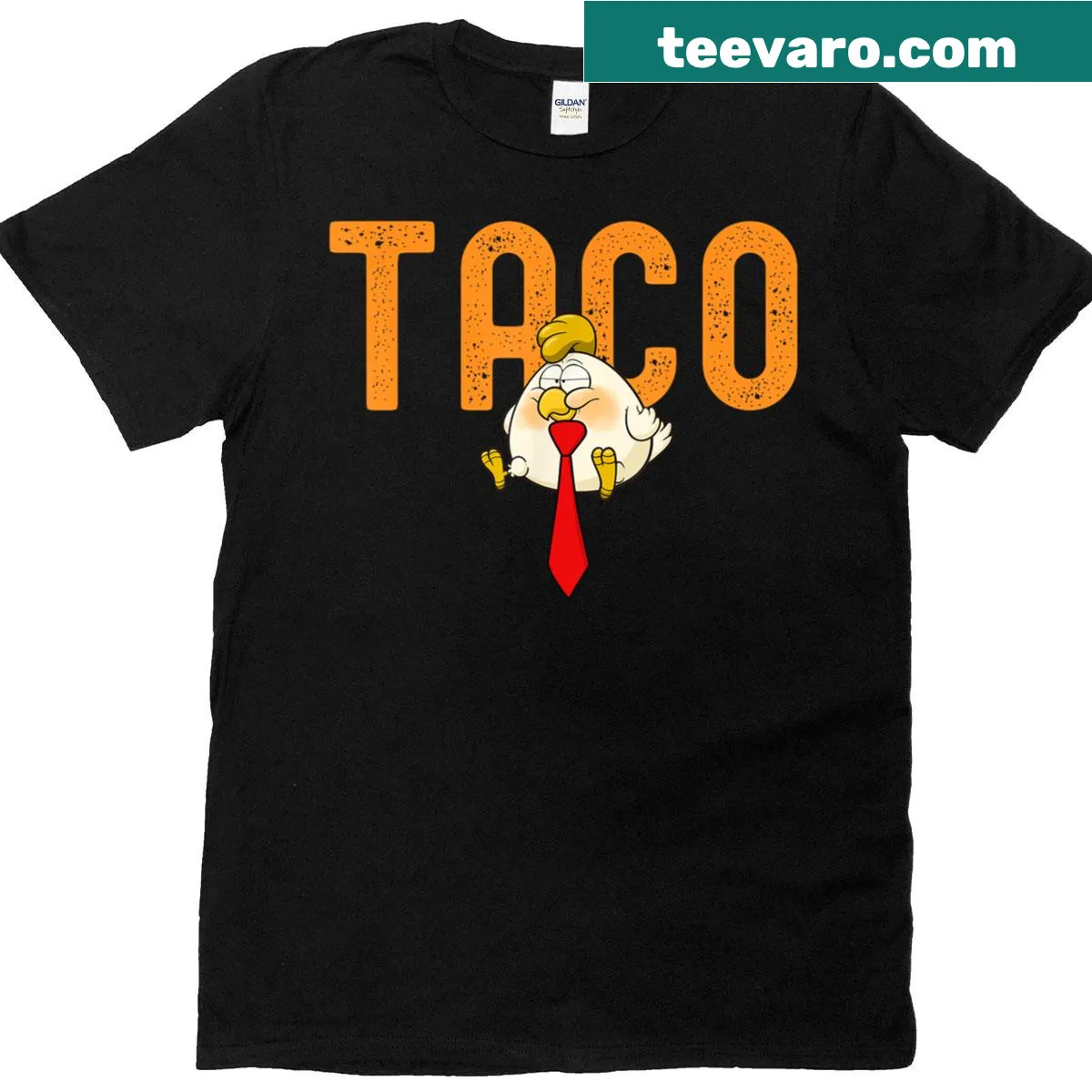 Funny T-shirt featuring taco and chicken-themed political humor — on a men's t-shirt