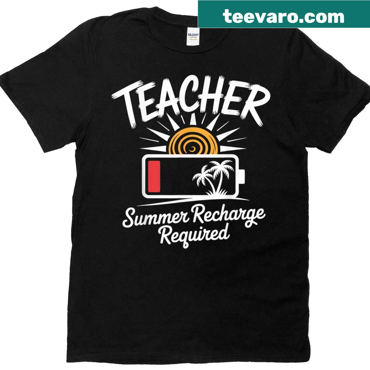 T-shirt with the phrase 'Teacher Summer Recharge Required' in playful typography — on a men's t-shirt