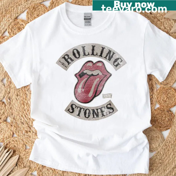 Retro concert t-shirt featuring The Rolling Stones Tour 78 graphics, celebrating rock history.