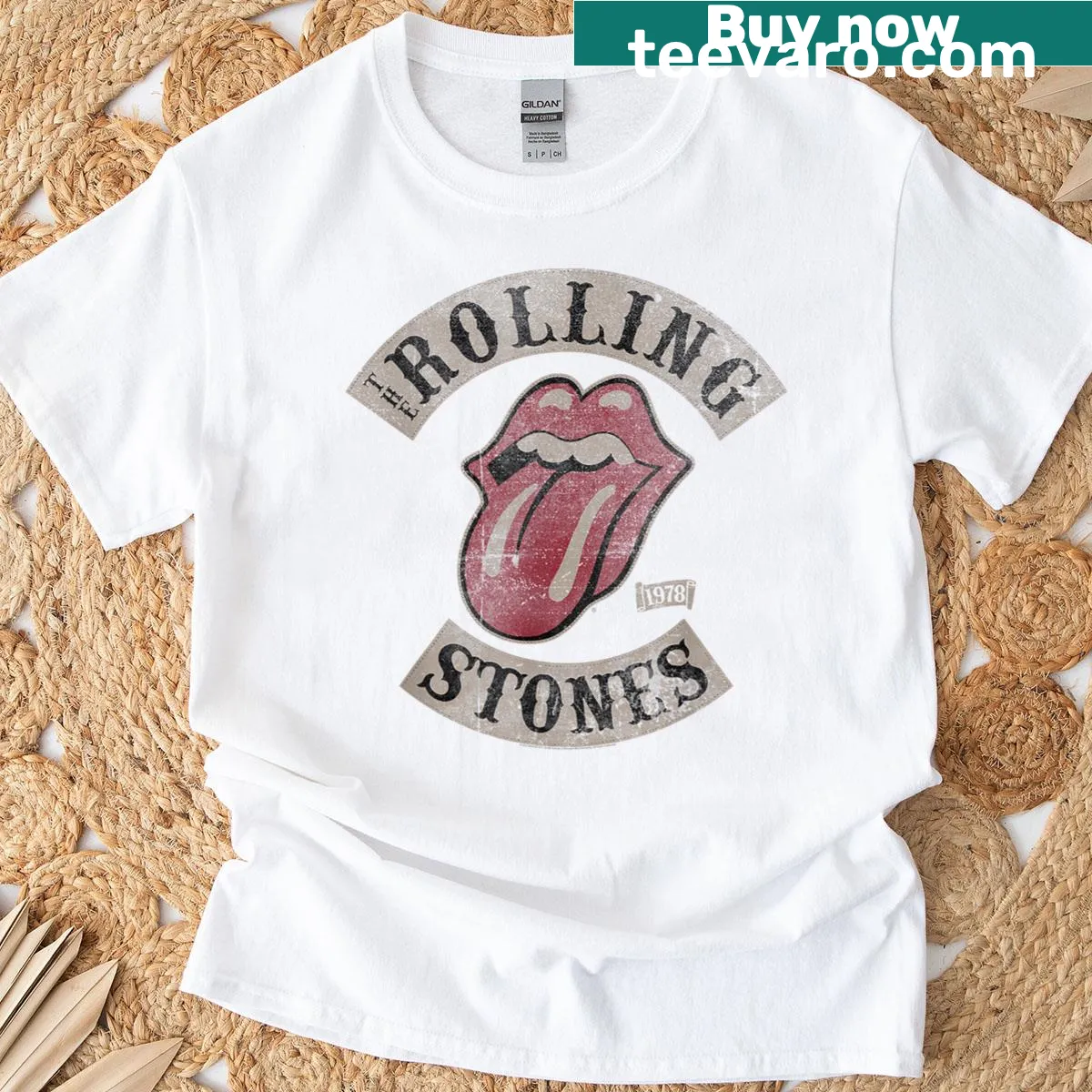 Retro concert t-shirt featuring The Rolling Stones Tour 78 graphics, celebrating rock history. — on a men's t-shirt