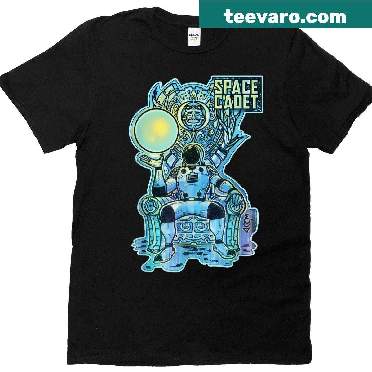 Whimsical Space Cadet T-shirt with celestial illustrations. — on a men's t-shirt