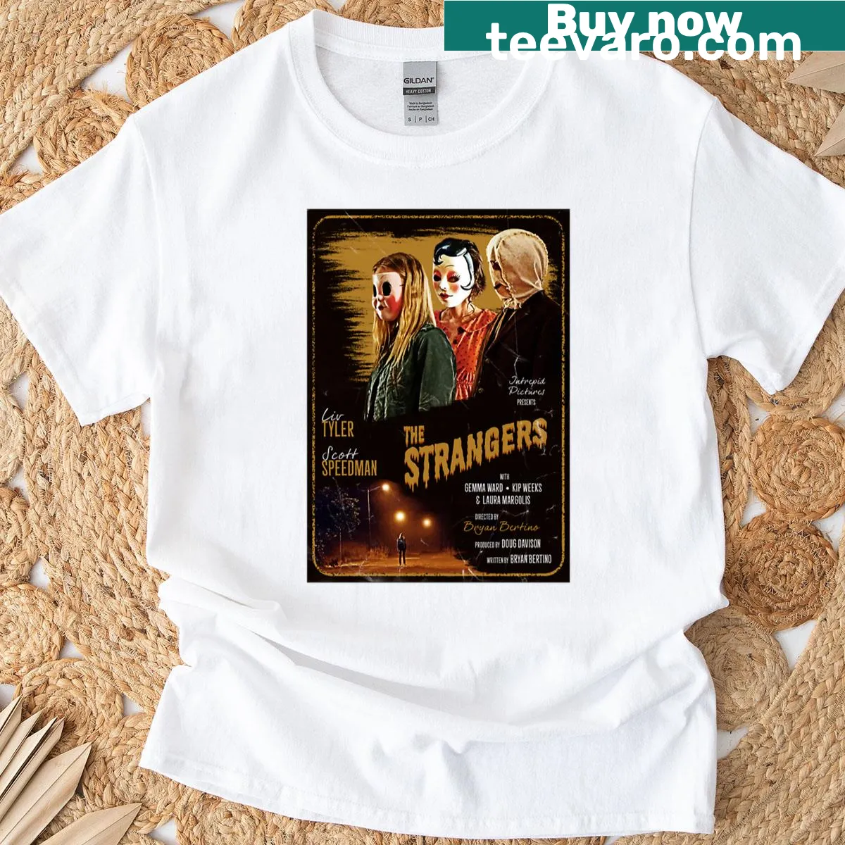 Vintage movie poster design from The Strangers on a t-shirt — on a men's t-shirt