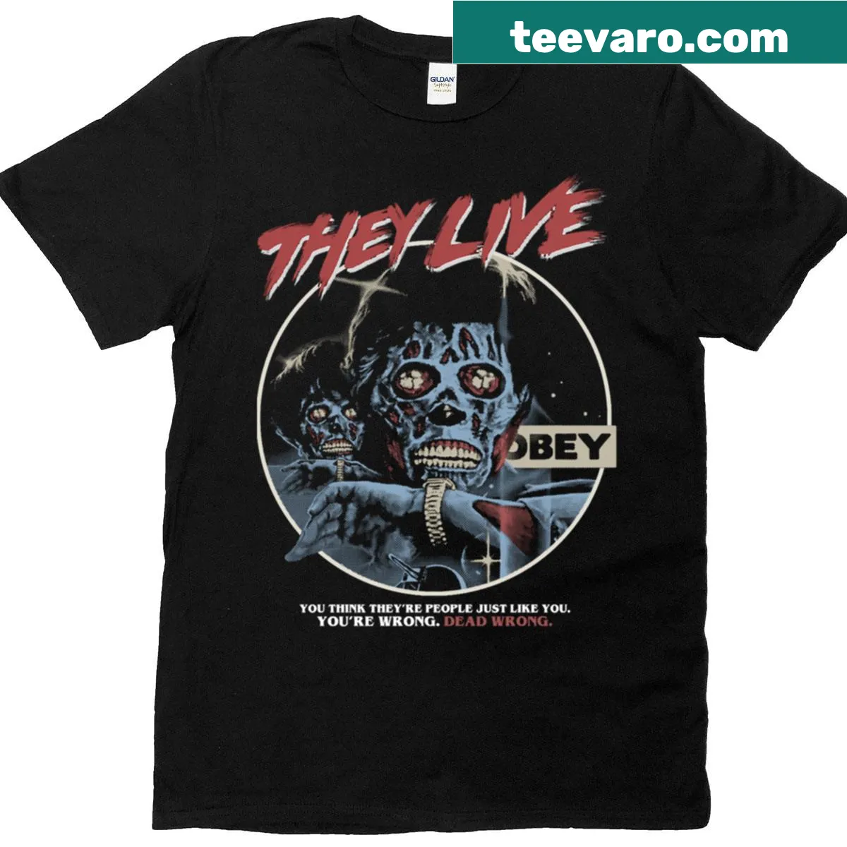T-shirt featuring They Live graphic design inspired by John Carpenter — on a men's t-shirt
