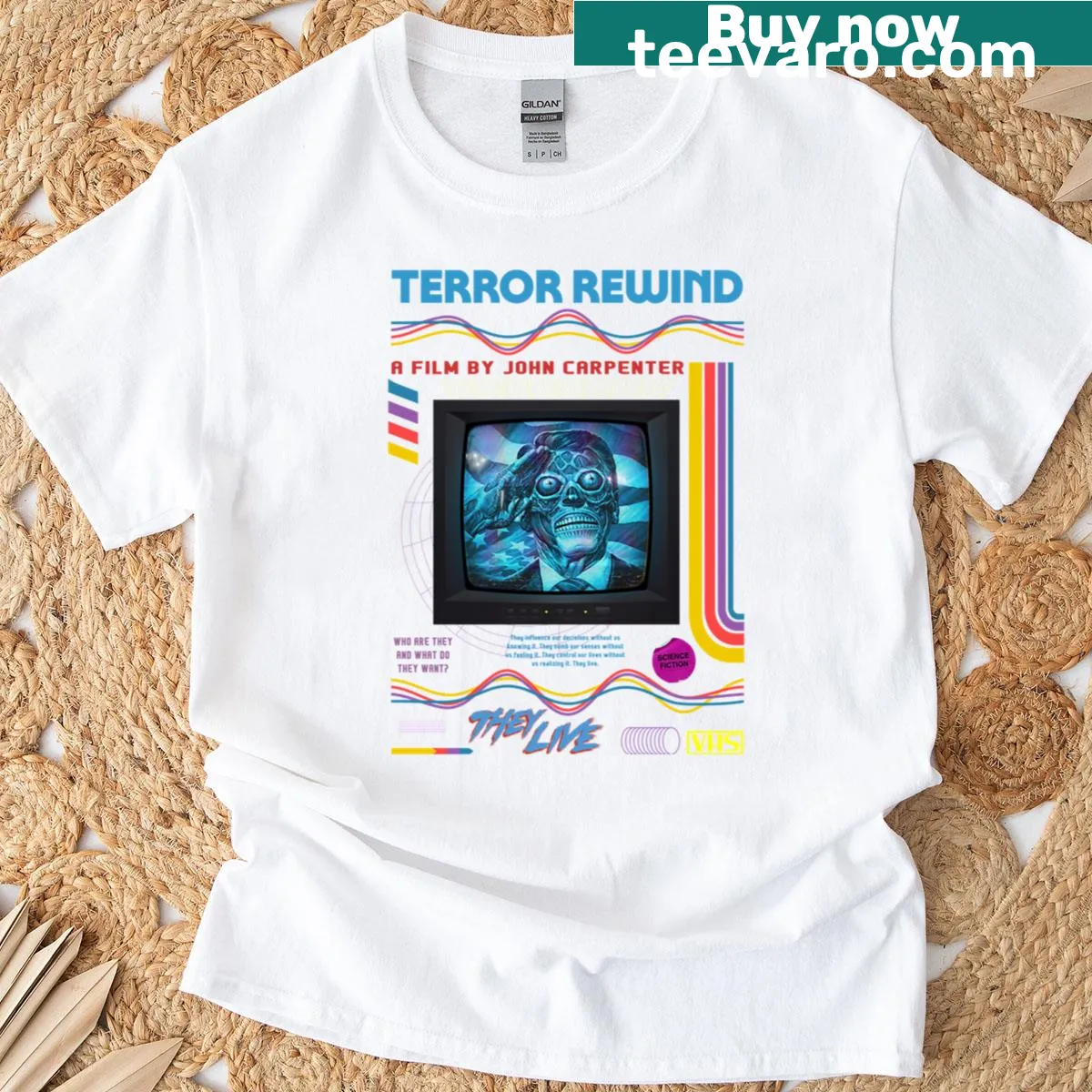 Illustrative graphic inspired by They Live, featuring sinister elements. — on a men's t-shirt