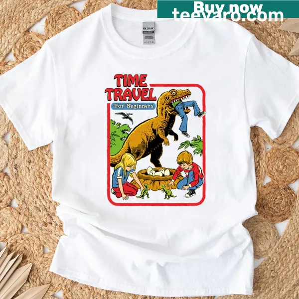 Time travel themed t-shirt with playful graphics