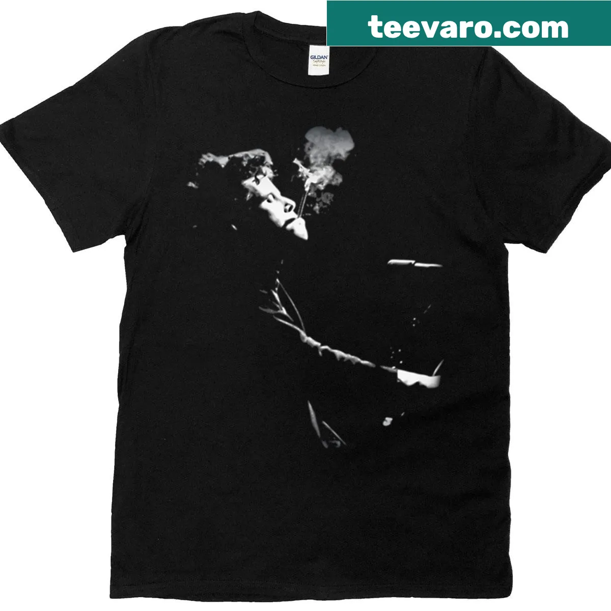 Graphic t-shirt featuring Tom Waits with a smoking theme — on a men's t-shirt