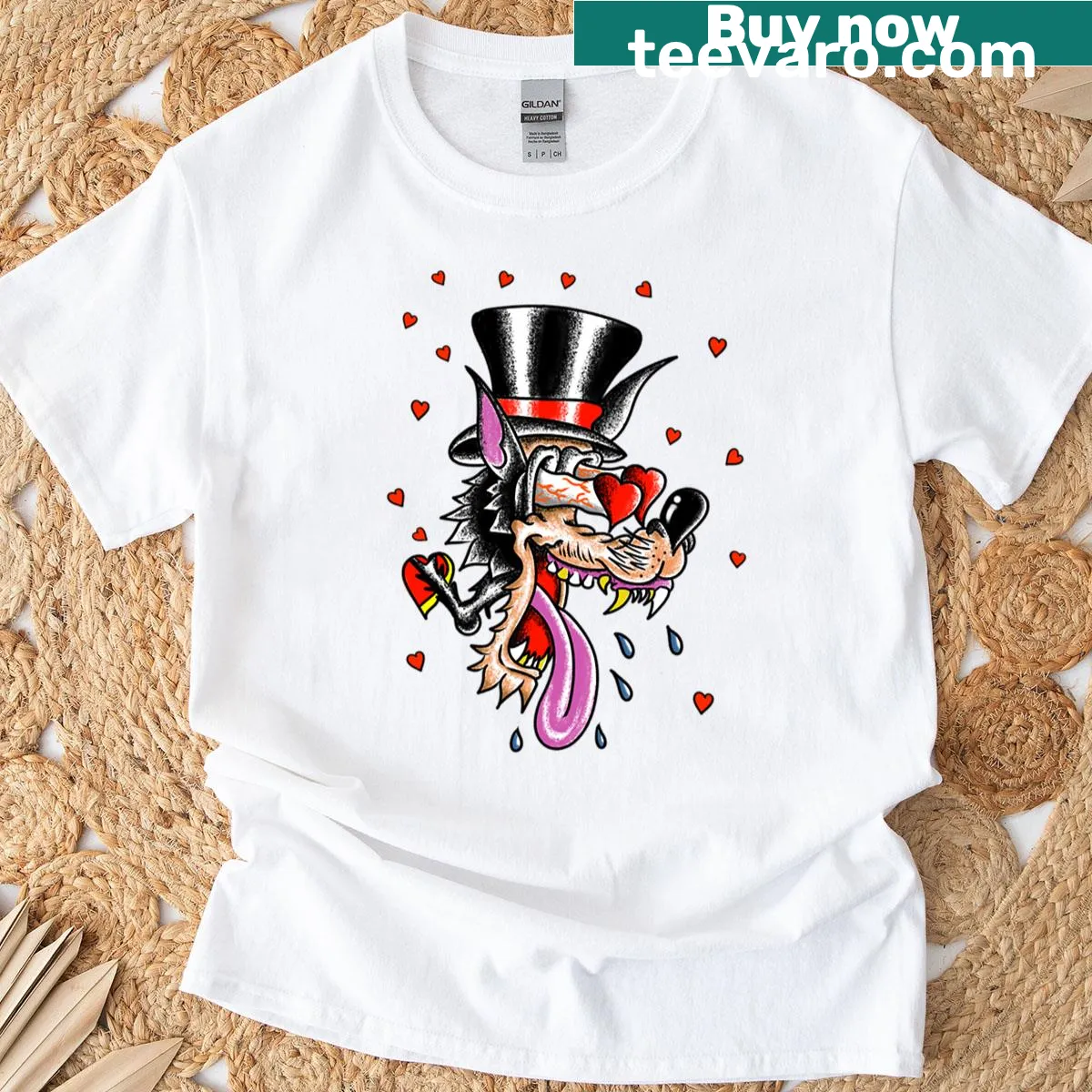 Traditional tattoo-style wolf illustration on a T-shirt — on a men's t-shirt