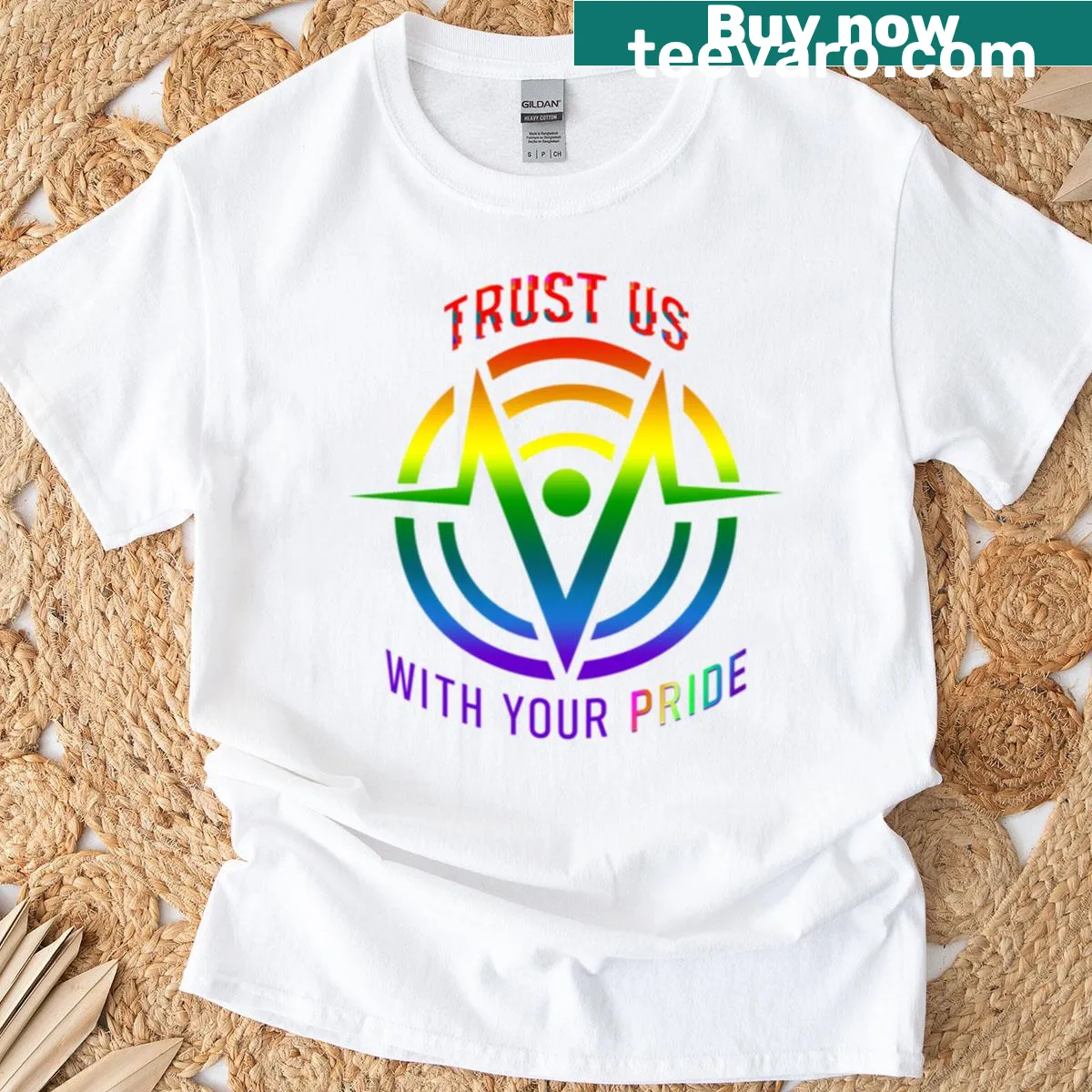 Hand-lettered graphic T-shirt promoting pride and trust — on a men's t-shirt