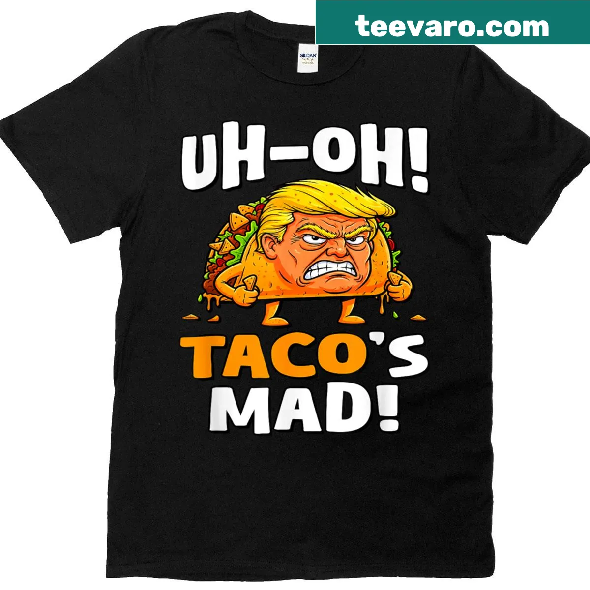 T-shirt featuring a humorous taco illustration with an orange-faced character — on a men's t-shirt