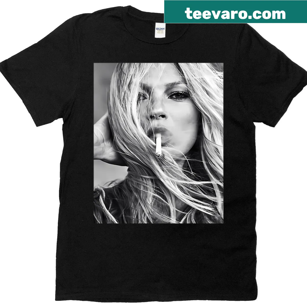 Vintage T-shirt featuring an original image of Kate Moss smoking. — on a men's t-shirt