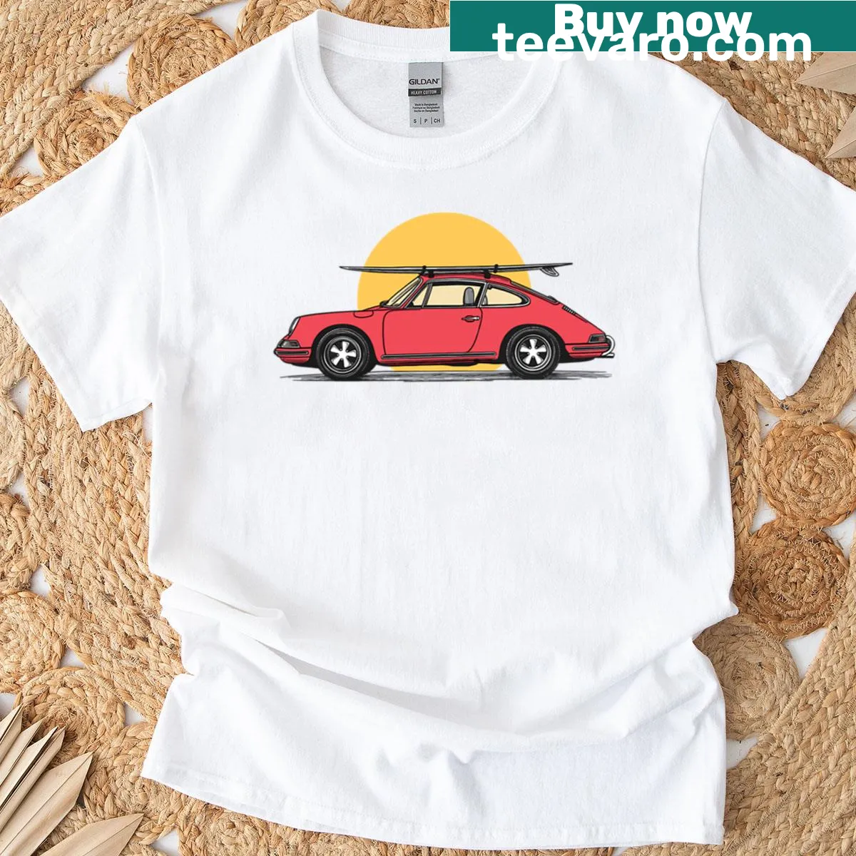 Vintage illustration of a red Porsche 911 964 with surf theme — on a men's t-shirt