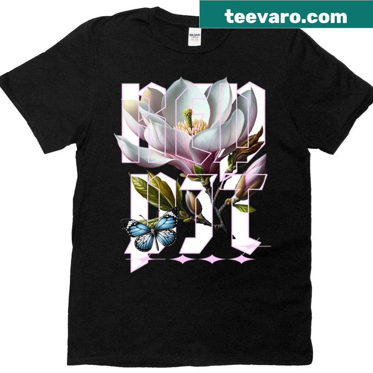T-shirt featuring a delicate white flower design — on a men's t-shirt