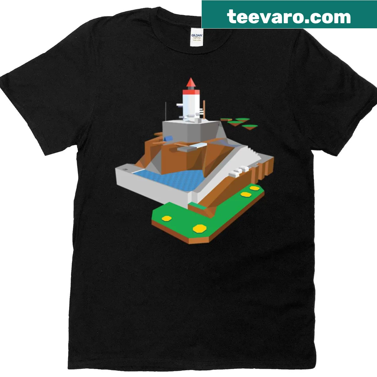 Cartoon T-shirt featuring Whomps Fortress graphic — on a men's t-shirt