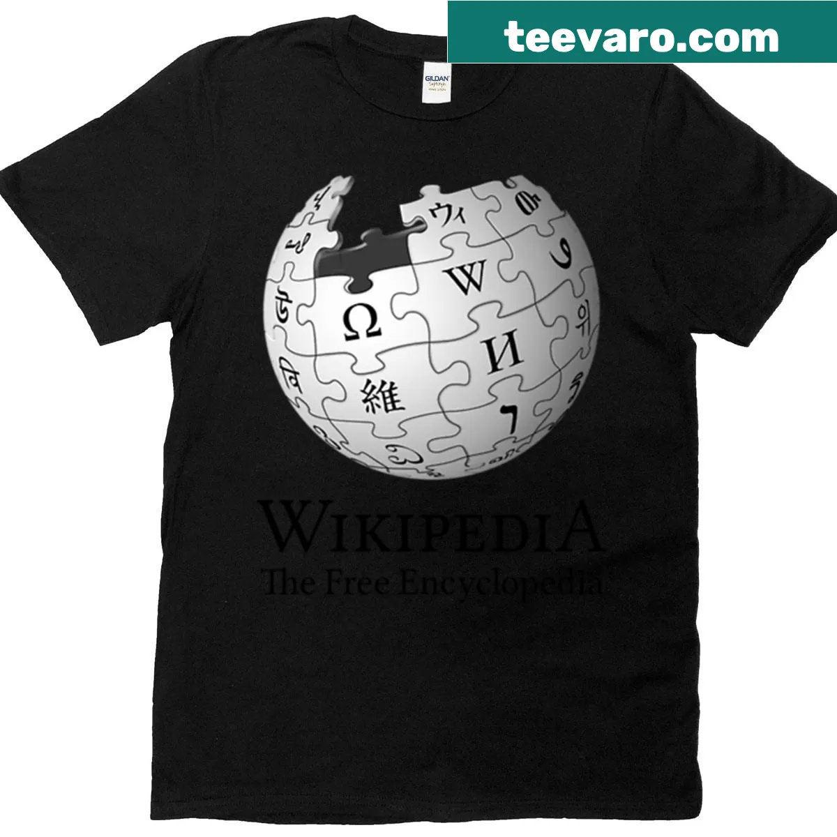 T-shirt featuring bold typography for Wikipedia: The Free Encyclopedia — on a men's t-shirt