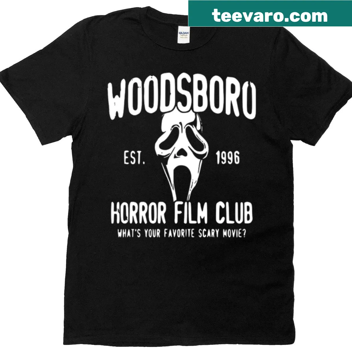 Woodsboro Horror Film Club graphic t-shirt with bold typography — on a men's t-shirt