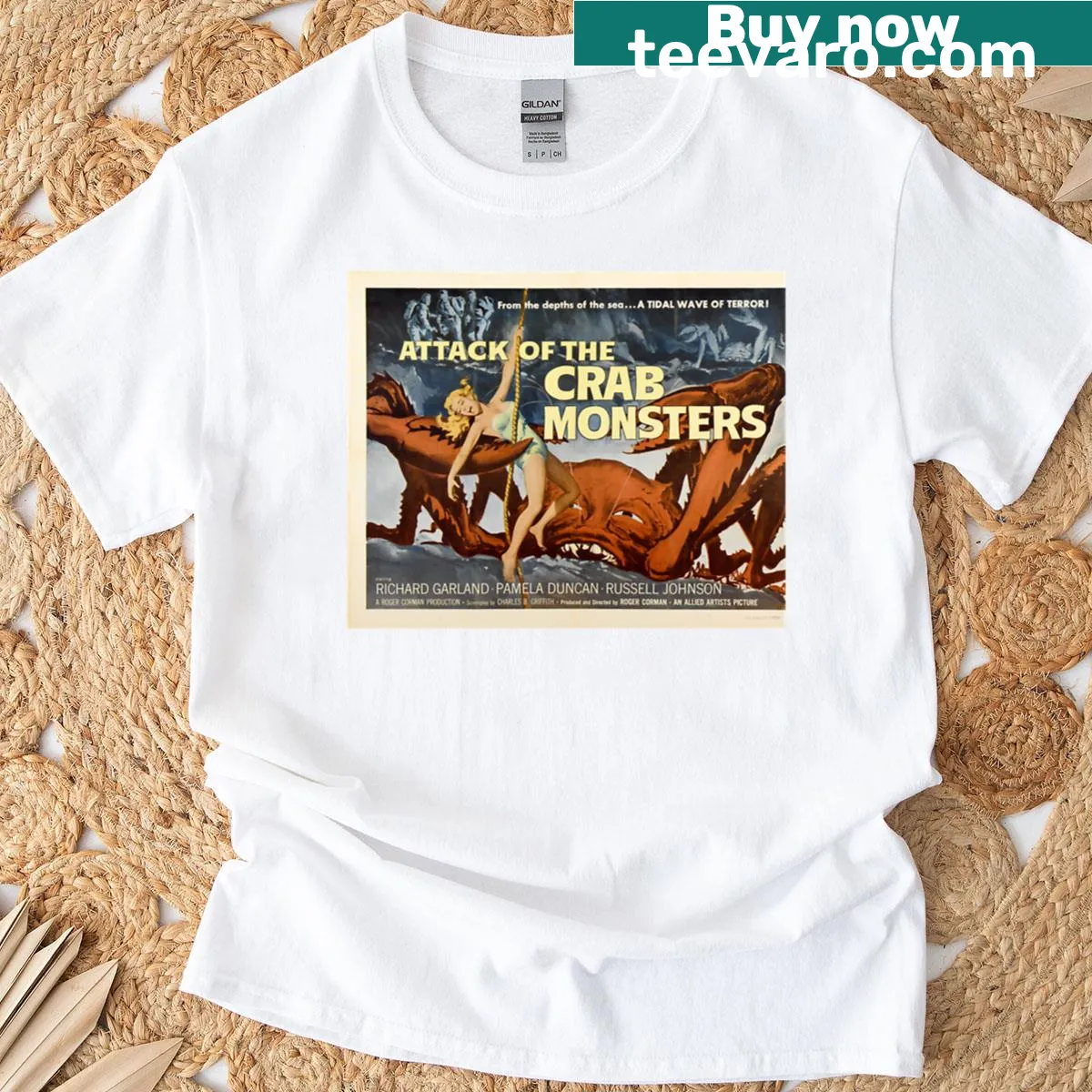 Vintage movie poster design for Attack Of The Crab Monsters T-shirt — on a men's t-shirt