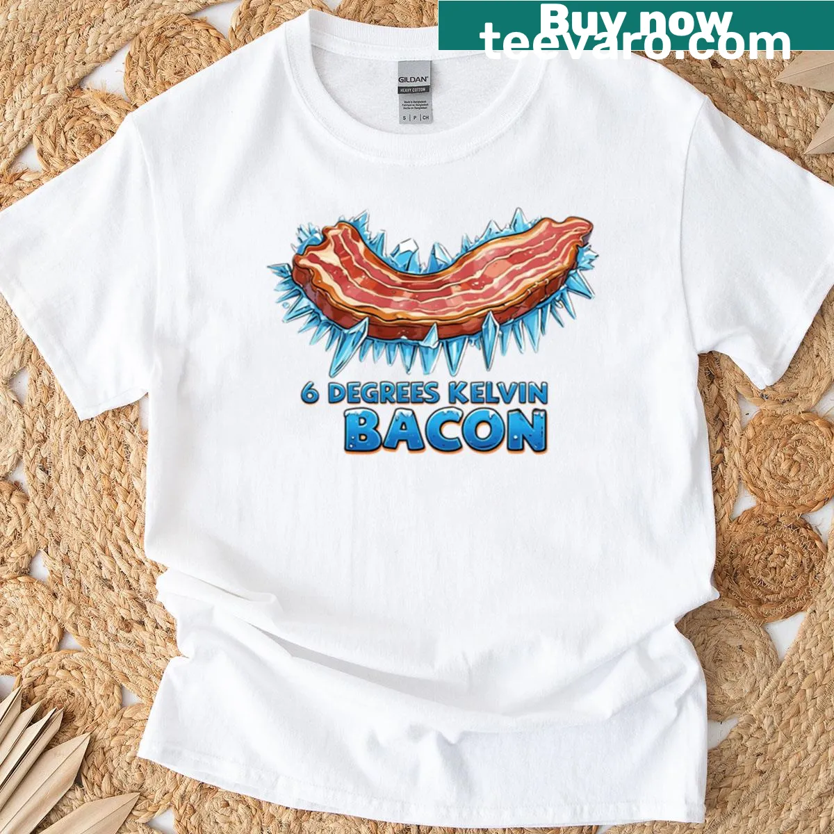 Humorous t-shirt featuring the phrase '6 Degrees Kelvin Bacon' in playful typography — on a men's t-shirt