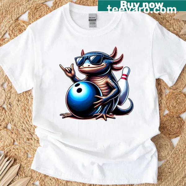 Cartoon axolotl bowling design on a T-shirt.